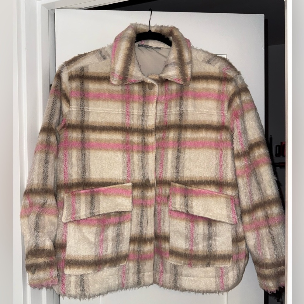 Blue B - Plaid Faux Fur Jacket - Pink and Brown